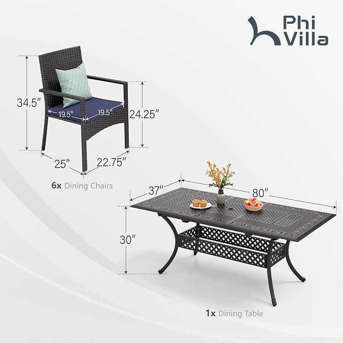 PHI VILLA Outdoor 7 Pieces Expandable Cast Aluminum Dining Set for 6, Extendable Metal Table with Umbrella Hole & Cushioned Wicker Chairs, Dining Furniture Set for Patio, Deck, Yard and Porch
