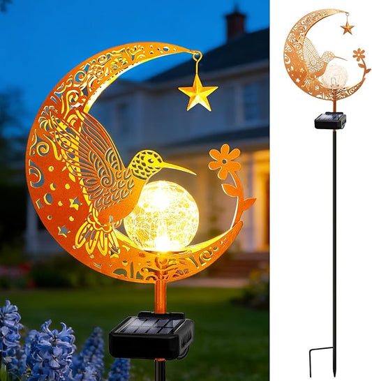ZNYCYE Solar Garden Decor Outdoor Statue, Moon Fairy Garden Figurines with Hummingbird Design for Mom Women Grandma Solar Stake Lights for Patio, Yard, Lawn, Pathway (Warm White)