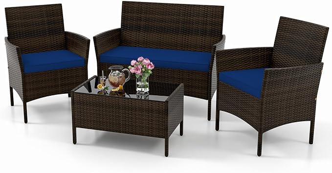 KOTEK 4 Piece Patio Furniture Set, Outdoor Rattan Conversation Set with Loveseat, Wicker Chairs, Tempered Glass Coffee Table, Wicker Patio Set for Backyard, Porch (Navy)