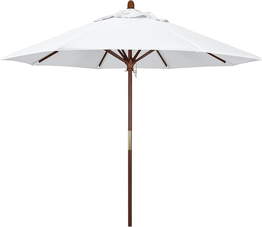 California Umbrella 9' Round Hardwood Frame Market Umbrella, Stainless Steel Hardware, Push Open, White Olefin