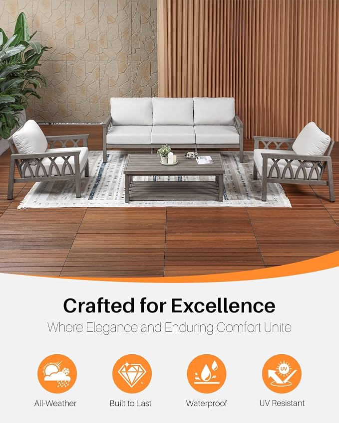 Aluminum Outdoor Patio Furniture Set, 4-Piece Outdoor Sofa Set with 3-Seat Sofa, 2 Armchairs & Coffee Table, Outdside Sofa Set Patio Conversation Set with Cushions for Deck, Balcony, Limed Oak