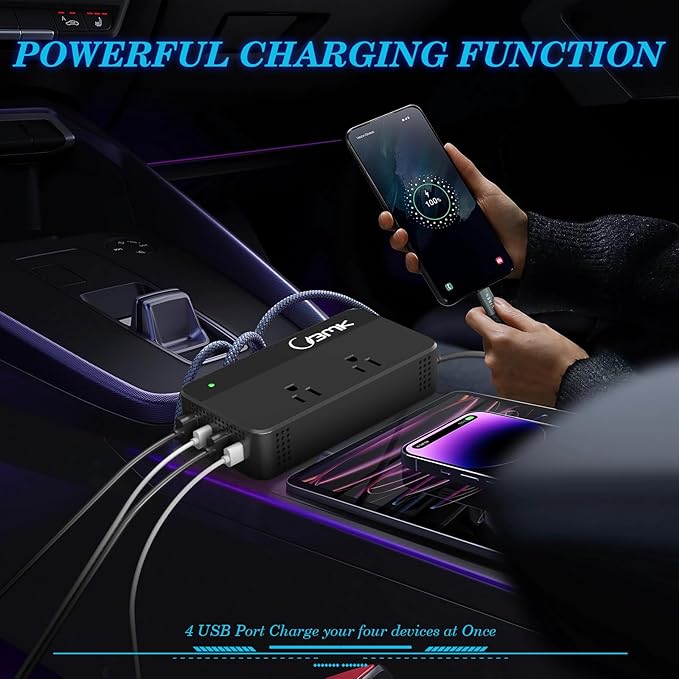 200W Car Power Inverter 12V DC to 110V AC Converter with 2 AC Outlets & 4 USB Ports, Dual QC3.0 + 2 USB-C PD 18W, Cigarette Lighter Plug Adapter for Laptop Tablet Road Trip