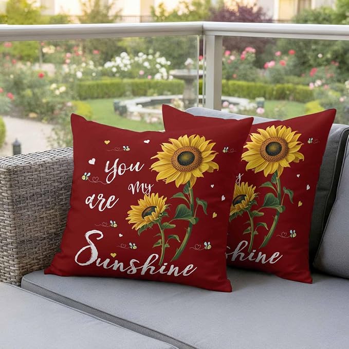 You Are My Sunshine Outdoor Pillow Covers Set of 2 Vintage Country Yellow Sunflower Floral Bees Heart Red Waterproof Throw Pillow Cover Decorative Cushion Cases for Patio Porch Garden 20X20 Inch