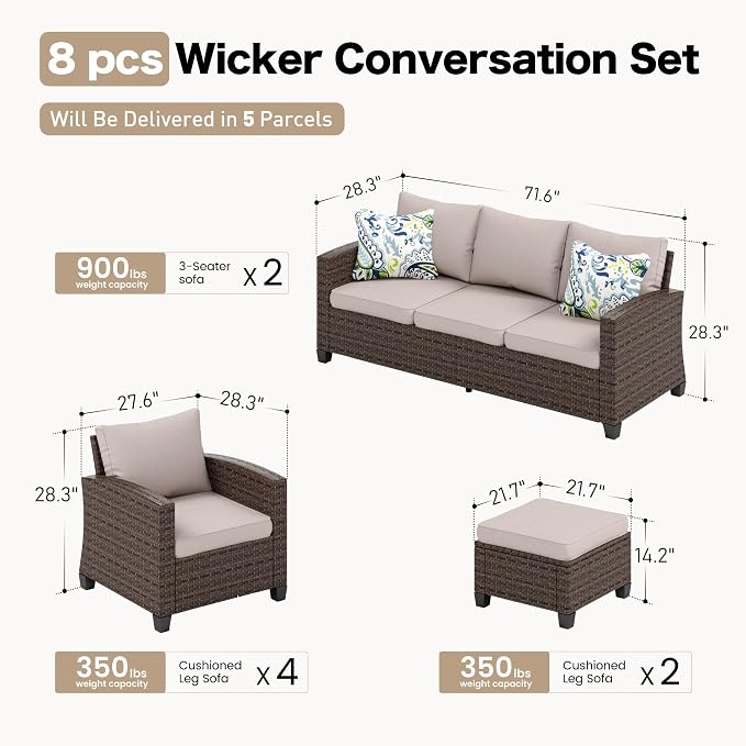 SUNSHINE VALLEY Patio Furniture Set Outdoor Furniture Brown Wicker Rattan Patio Conversation Sets with Cushion Outside Sofa Set,8 Pieces 12 Seats,Beige