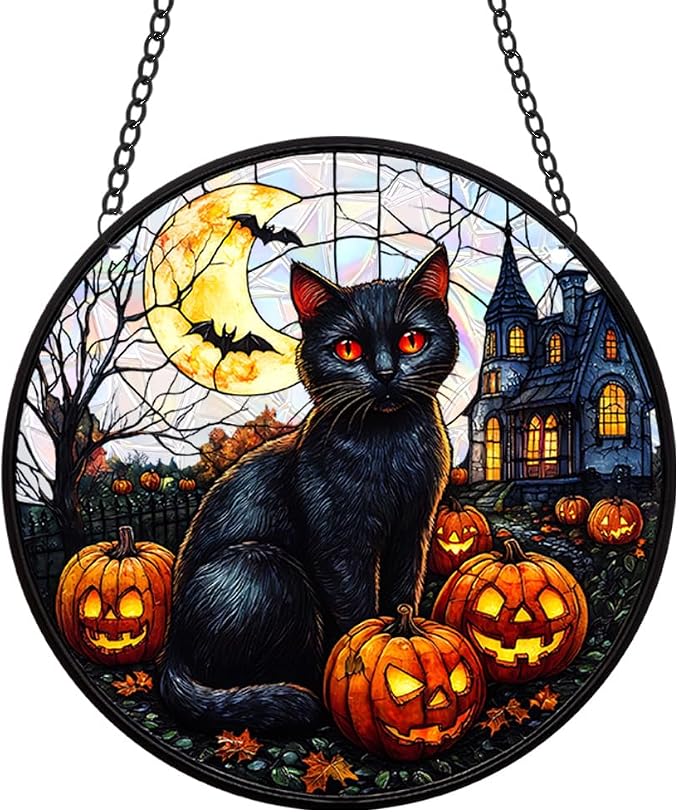 Acrylic Halloween Sun Catcher - 7.87 Inch Black Cat Round Suncatcher for Window Hanging Decoration - Creates Indoor Rainbows Light Refraction - Spooky Ghost, Witch, Pumpkin Design