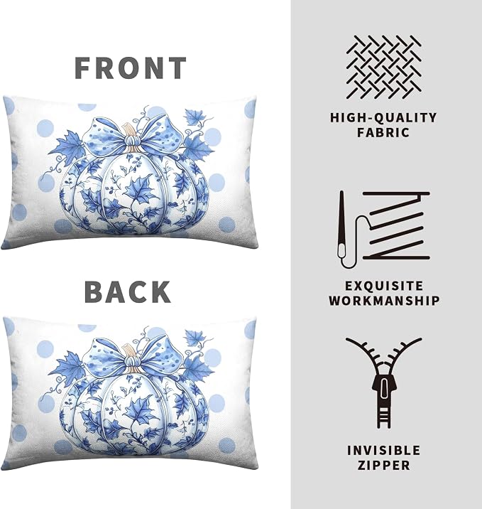 Fall Lumbar Pillow Covers Blue and White Porcelain Maple Leaf Pumpkin Throw Pillow Covers 12x20 Set of 2 Autumn Blue Polka Dot Pillowcase Thanksgiving Cushion Case for Couch Sofa