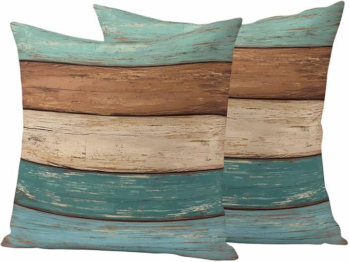Outdoor Throw Pillows Covers 18X18 Set of 2 Waterproof Teal Turquoise Green Brown Decorative Zippered Cushion Covers for Patio Furniture, Farmhouse Retro Rustic Barn Wood Texture Lumbar Pillowcases