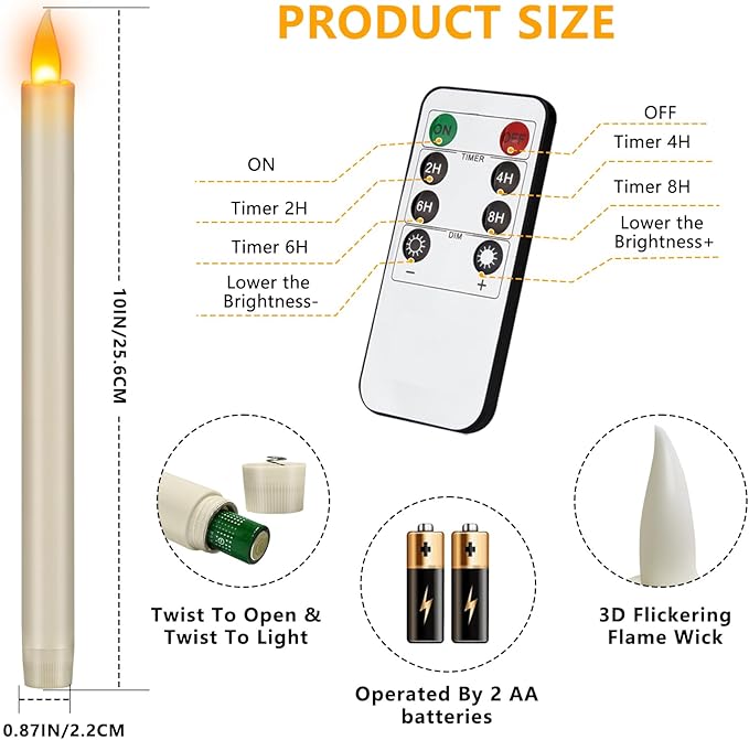 wemarry Flameless Taper Candles with Remote, 10" White Battery Operated Led Candlesticks with Flickering 3D Flame, Fake Taper Candles for Christmas Thanksgiving Wedding Home Décor (Ivory, 24 Pack)