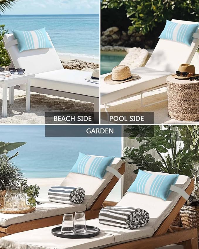 Chaise Lounge Chair Pillow with Strap & Insert Sky Blue Vertical Stripes Outdoor Recliner Head Pillow Pack of 2 Classic Striped Waterproof Headrest Patio Lumbar Pillow for Beach Office Chair 12x20
