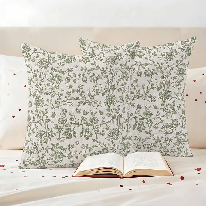Pastoral Flowers Outdoor Pillow Covers 18"x18" Set of 2, Green Flower Vintage Linen Texture Waterproof Throw Pillow Covers for Patio Furniture, Decorative Cushion Covers for Porch