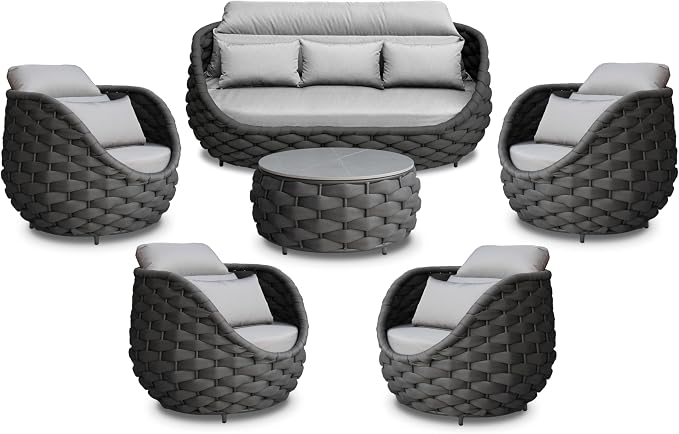 Metal Outdoor Conversation Sets: 6-Piece Aluminum Patio Furniture Set - Woven Rope Porch Sofa Set w/Coffee Table Cushions - Assembled Modern Lounge Couch for Deck Garden Yard Pool Hotel Resort