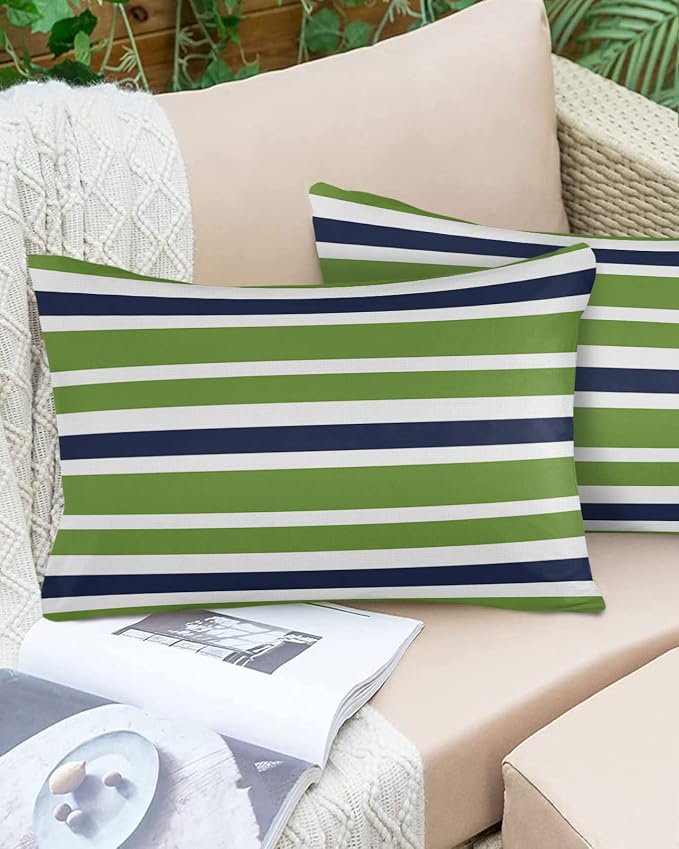 Outdoor Waterproof Lumbar Throw Pillow Covers Set of 2 Navy Blue Green Stripes Decorative Outdoor Pillows Cushion Case 20x12 Inch Classic Striped Patio Pillows for Couch Sofa Bed Garden Home Decor