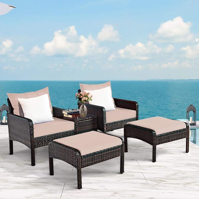 Tangkula 5 Pieces Wicker Patio Furniture Set, PE Rattan Outdoor All Weather Cushioned Sofas and Ottoman Set, 2-Person Outside Conversation Set for Lawn, Poolside, Yard, Balcony, Deck, Coffee