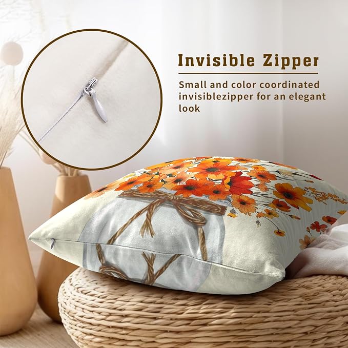 Autumn Flower Throw Pillow Covers 16 x 16 Inches Set of 2,Watercolor Orange Floral Jar Fall Seasonal Pillowcase Square Cushion Cover for Home Living Room Bed Sofa Car