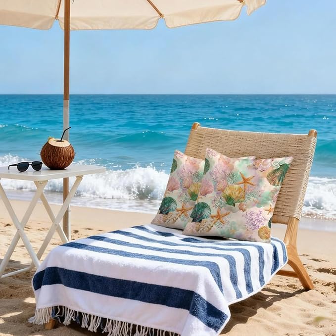 16x16 Inch Outdoor Pillow Covers Set of 2 Waterproof Throw Pillow Covers Decorative Couch Cushion Covers Watercolor Seashells Square Pillowcases Protectors for Patio Garden Sofa