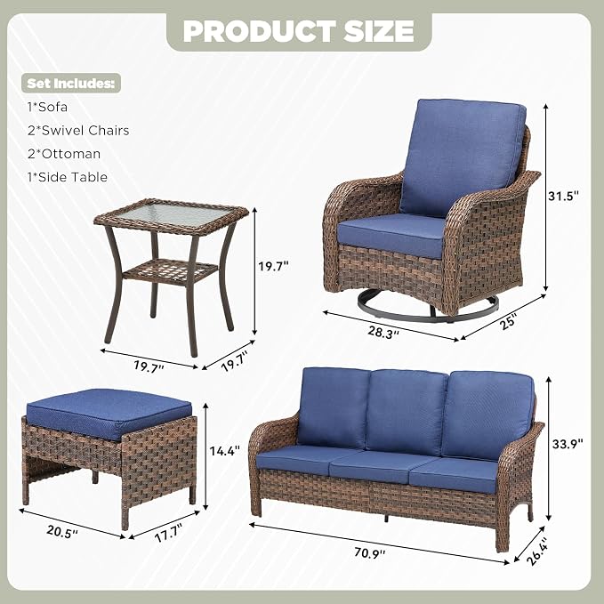 6 PCS Patio Furniture Set, Outdoor Wicker Sofa & 2 Swivel Rocking Chairs with 2 Ottomans & Side Table, 4-Inch Thick Olefin Cushions, 300 lbs Capacity Rattan Conversation Set for Porch, Blue