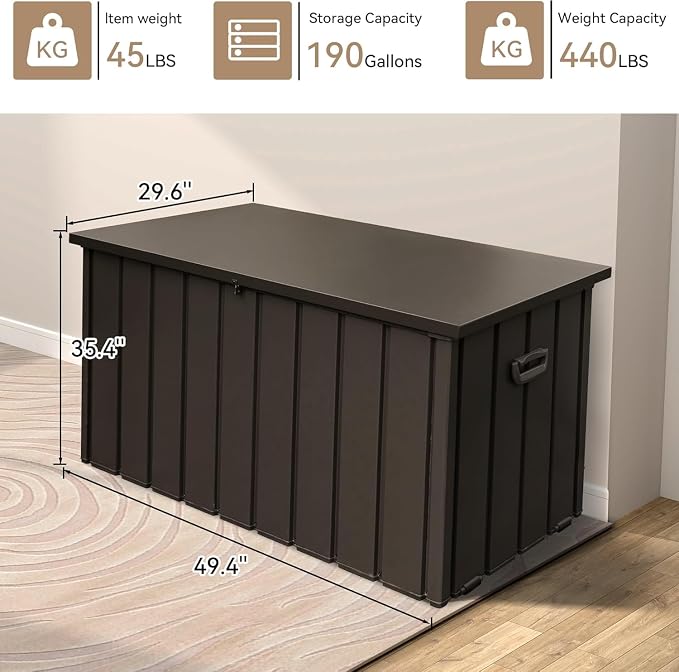 190 Gallon Metal Deck Box, Waterproof Steel Outdoor Box, Large Patio Furniture Storage Cabinet, Lockable Storage Bench for Porch Package Delivery, Pillows, Cushions, Pool, Tools, Backyard, Brown