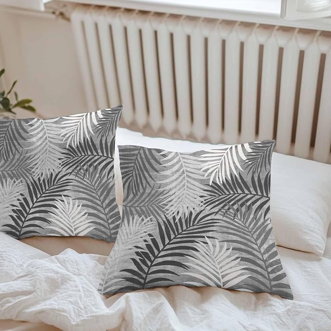 Gray Palm Leaves Waterproof Outdoor Pillow Covers Set of 2 Home Decor, Summer Tropical Leaf Plant Pillowcase Patio Pillow Covers for Couch Bench Patio Furniture Garden 26x26in