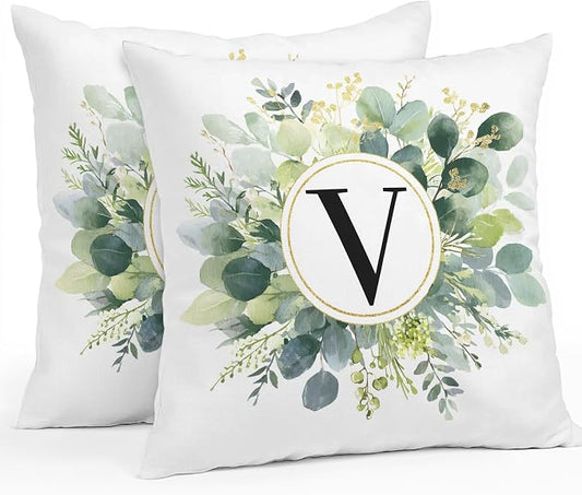 Letter V Waterproof Outdoor Pillow Covers Set of 2 Home Decor, Alphabet Green Eucalyptus Leaves Pillowcase Patio Pillow Covers for Couch Bench Patio Furniture Garden 24x24in