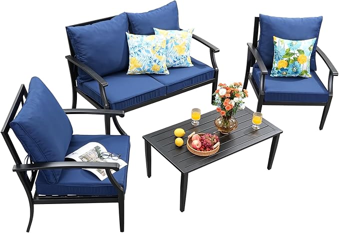 4 Piece Outdoor Patio Furniture Set, Oversized Metal Conversation Set with High Back & Deep Seating, Water-Repellent Cushions, Coffee Table for Porch, Deck, Backyard, Navy