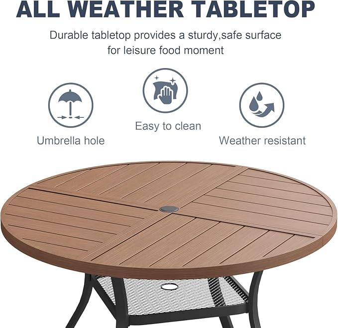 VICLLAX 5 Pieces Patio Outdoor Dining Set, 4 Swivel Textilene Chairs and 47.2" Round Metal Table with Umbrella Hole for Porch, Deck, Garden, Walnut/Brown