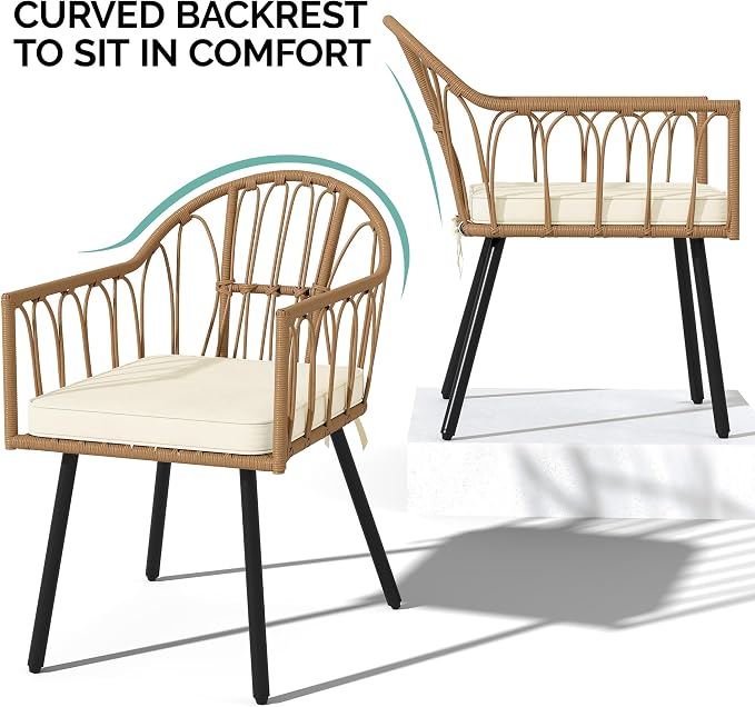 YITAHOME 4 Pieces Rattan Wicker Dinning Chairs, Outdoor Indoor Patio Furniture Set with Cushion and Curved Back All Weather Bistro Chair for Garden Backyard Porch Poolside Restaurant (Beige)