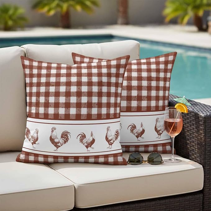 Outdoor Waterproof Throw Pillow Covers Set of 2 Chicken Cock Rooster Pillowcases 18x18 Inches Farmhouse Animal Red Buffalo Plaid Decorative Pillows Cushion Case Patio Pillows for Couch Bed Chair