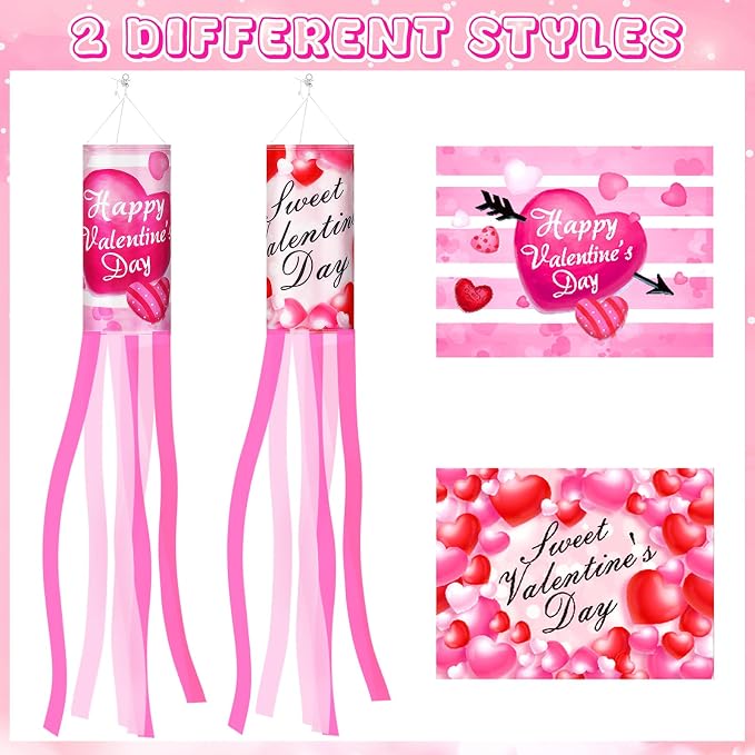 NOVWANG 2 Pieces 40 Inches Valentine's Day Windsock, Valentine Hearts Windsocks Outdoor Hanging Wind Sock for Wedding Anniversary Home Party Yard Garden Patio Decoration