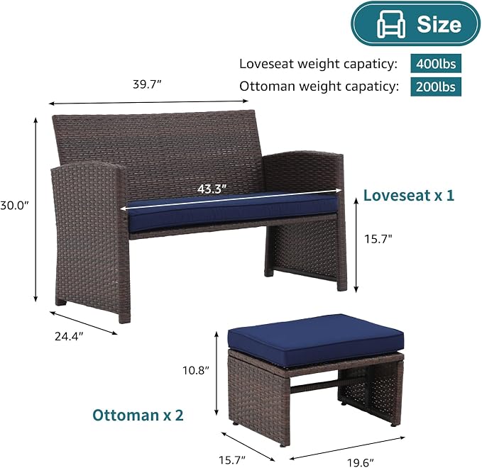 OC Orange-Casual Outdoor Loveseat 3 Piece Patio Furniture Set Outdoor Conversation Set All-Weather Wicker Love Seat with Ottoman/Side Table, Brown Rattan, Blue
