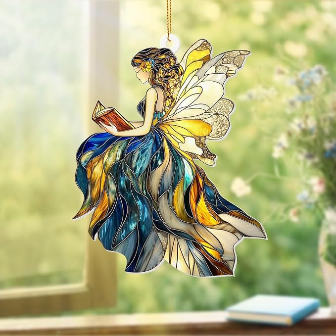 Fairy Stained Glass Style Acrylic Suncatcher, Fairy Ornament Window Hanging, Book Lover Gift for Women, Fantasy Fairy Decor, Book Lover, Librarian Gifts, Christmas Tree Ornament 4.5 Inch(Sun-01)