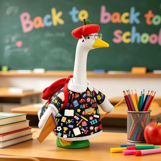 Back to School Porch Goose Outfits for 17''/23'' Goose Statues, First Day of School Goose Clothes with Apple Hat, Glasses, Pencil, Notebook, Backpack for School & Classroom Decor