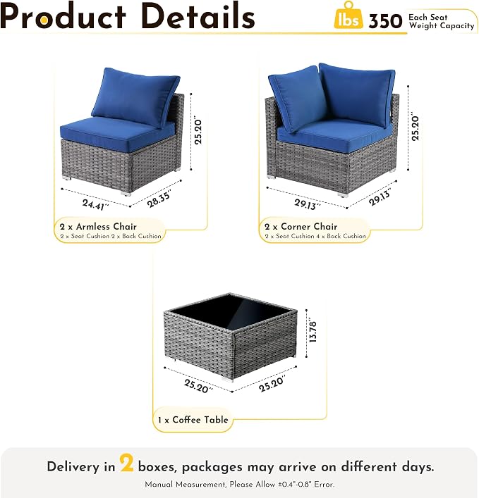 Weaxty 5 Pieces Patio Furniture Sets,Wicker Outdoor Sectional Sofa with Thicken Cushion and Rattan Coffee Table,Patio Conversation Couch Set for Porch, Balcony,Yard, Poolside,Navy Blue