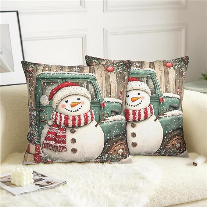 Christmas Snowman Pillow Covers 20x20 Set of 2 Green Xmas Truck Throw Pillow Covers Wooden Pattern Background Pillowcase Winter Holiday Cushion Case for Living Room Sofa Couch
