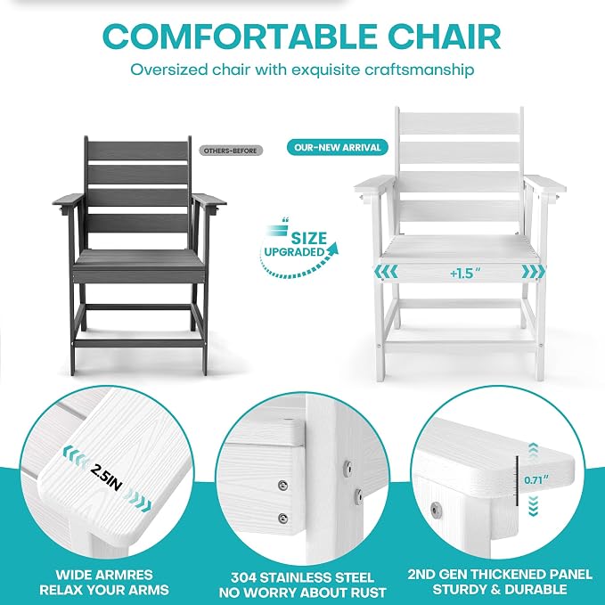 5-Piece Dining Set, HDPE Table & 4 Chairs, White | HDPE Dining Set: 69.1" Table + 4 Chairs, 380 lbs, 304 Stainless, All-Weather, No Rust No Crack, Outdoor Patio Garden