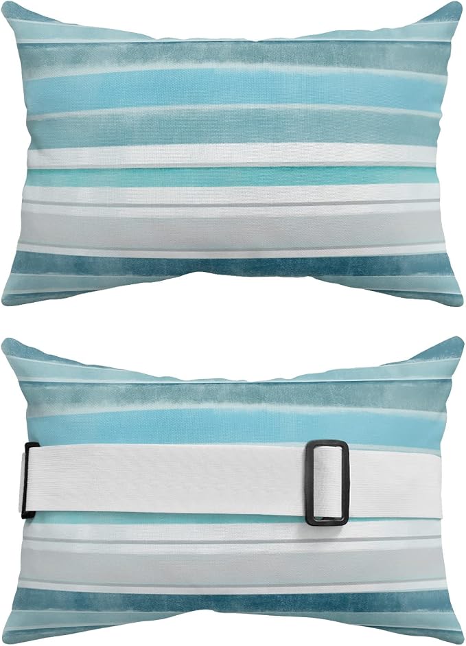 Outdoor Pillows Covers with Inserts Northern Europe Turquoise Vintage Stripes Waterproof Recliner Pillow with Adjustable Strap Throw Pillows for Patio Furniture Pool Lounge Chair, 11x16 inch, 1PCS
