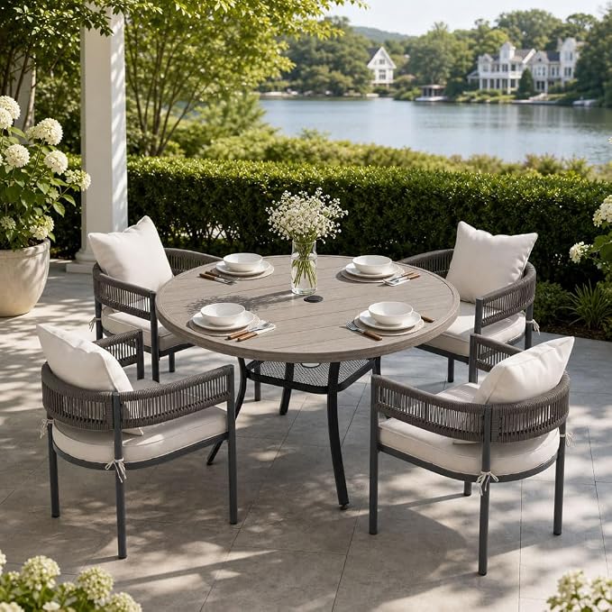 VICLLAX Patio Dining Set, 40.6" Grey Table & 4 Chairs with Wheat Cushion | Outdoor Table and Chairs Set of Round Metal Patio Table, Outdoor Dining Chairs with Metal Frame, Garden Deck Porch