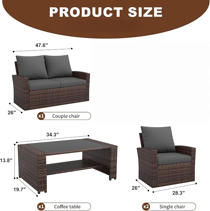 UDPATIO Patio Furniture Set, Outdoor Furniture Sets with Loveseats Sofa, Wicker Rattan Outdoor Conversation Set with Storage CoffeeTable for Backyard, Deck, Porch, Brown/Grey
