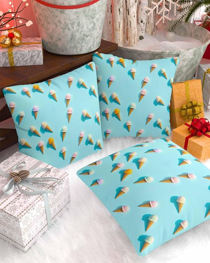 Lumbar Pillow Covers 12 x 20 Inches, Blue Ice Cream Waterproof Throw Pillow Cover Set of 2, Summer Colorful Ice Cream Home Decorative Rectangle Cushion Covers for Patio/Tent/Couch/Garden