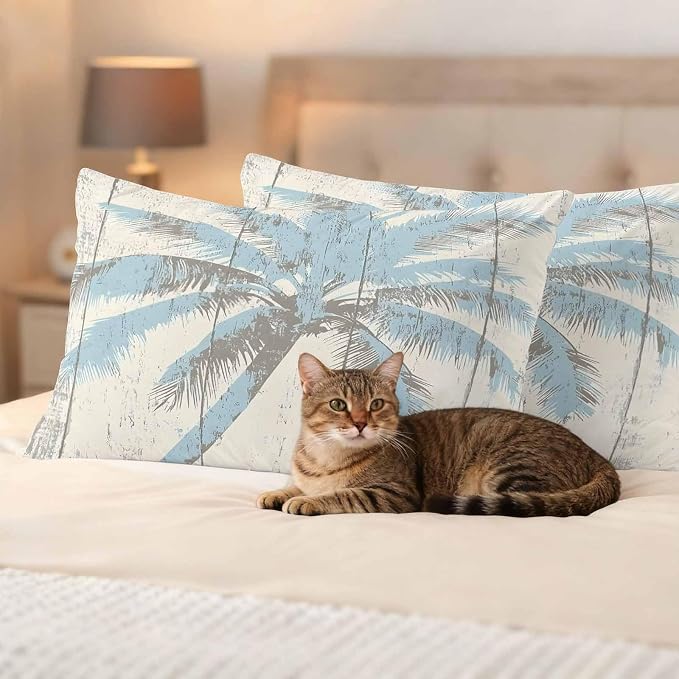 Palm Trees Outdoor Waterproof Throw Pillow Covers Set of 2, 20"x12", Light Blue Vintage Wood Grain Decorative Pillow Covers Outside Cushion Case for Patio Porch Garden