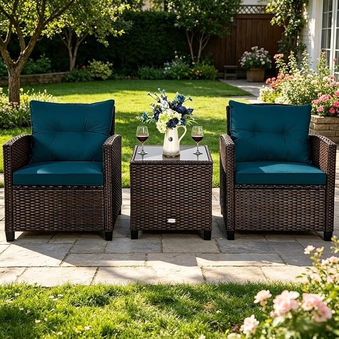 ORALNER 3 Pieces Patio Furniture Set, Outdoor Wicker Conversation Set Rattan Chairs with Cushions, Glass Coffee Table, Bistro Set for Front Porch Balcony Garden Deck Poolside (Peacock Blue)