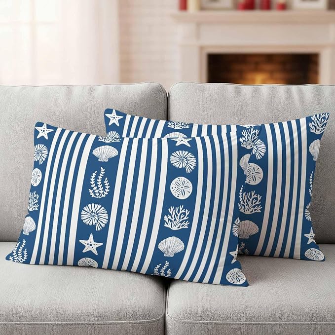 Striped Outdoor Waterproof Throw Pillow Covers Set of 2, 20"x12", Ocean Navy Blue Starfish Shell Jellyfish Coral Decorative Pillow Covers Outside Cushion Case for Patio Porch Garden