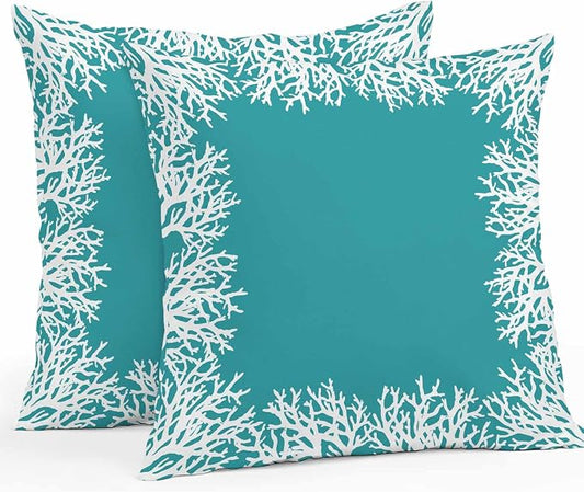 Vandarllin Outdoor Throw Pillows Covers 16x16 inch Set of 2 Waterproof Turquoise Coral Decorative Zippered Cushion Covers for Patio Furniture, Coastal Marine Life Lumbar Pillowcases