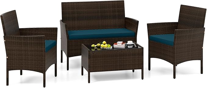 4 Piece Patio Furniture Set, Sectional Conversation Sofa Set with Glass Coffee Table, Cushions & Loveseat, Wicker Outdoor Table and Chairs for Pool, Garden, Deck, Backyard (1, Peacock Blue)