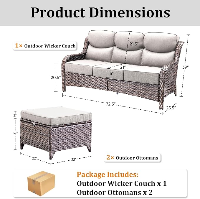 3 Pieces Patio Sofa Set with 6" Thick Cushions, High Back Wicker Sectional Outdoor Sofa with Ottomans, Outdoor Seating Furniture High Back Conversation Set for Balcony Deck Porch Backyard, Brown/Beige