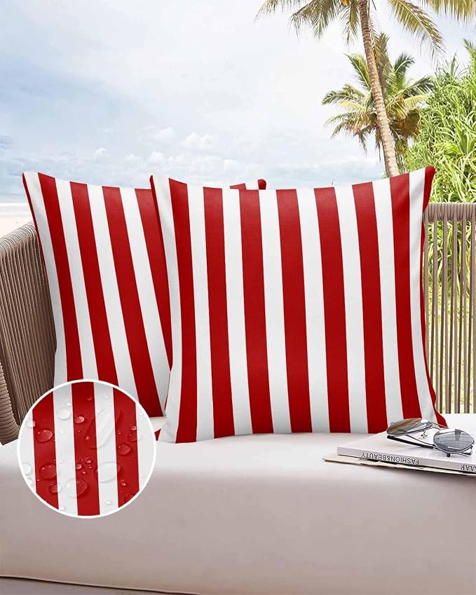 Outdoor Waterproof Throw Pillow Covers 24x24in, Red Stripes Cushions for Garden Patio Furniture Chairs Set of 2, Geometric Christmas Home Decor Couch Sofa Polyester Pillow Cases