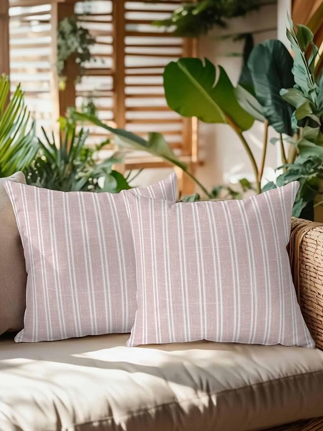 Waterproof Outdoor Pillow Set of 2 Red Linen Striped Decorative Throw Pillows Cover & Insert 16x16 Inch Pillowcase Vertical Stripes Lines Pillows for Couch Sofa Bed Patio Furniture Indoor Outdoor