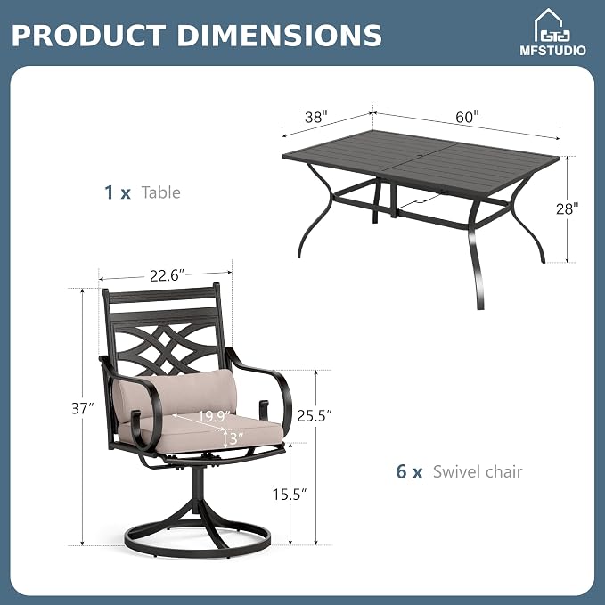 MFSTUDIO 7-Piece Patio Dining Set, 60" Metal Table, Swivel Chairs, Seats 6 | Umbrella Hole