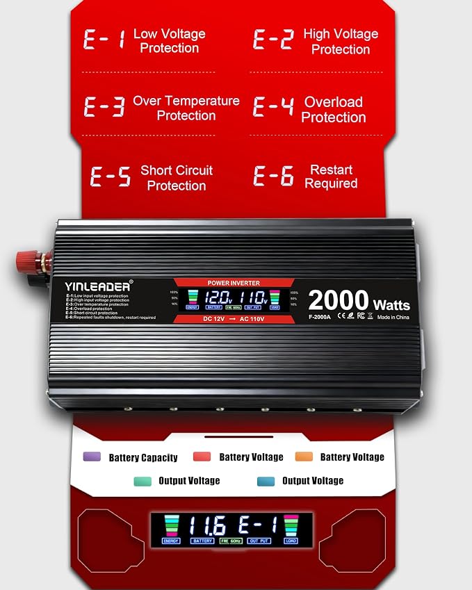 2000 watt Inverter 12V to 110V/120V, dc to ac Inverter 2000W with Intelligent LCD Display Dual AC Outlets Dual USB Charging Port for RV Truck Laptop (Black)
