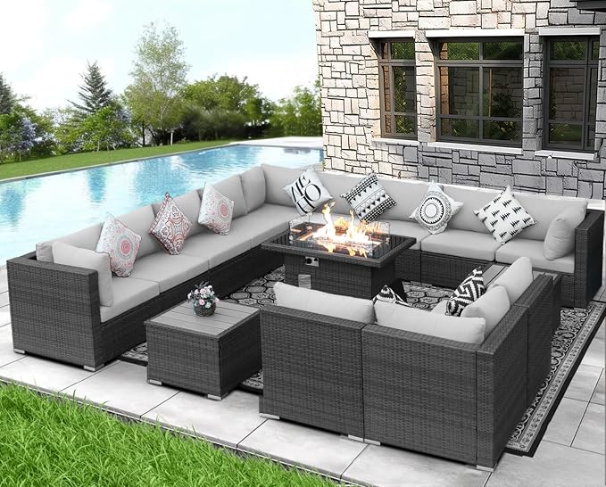 NICESOUL 15 Piece Outdoor Patio Furniture Set with Fire Pit, Extra Large Wide Outdoor Deep Seated Sectional, Cozy 29.3'' High-Back Modular Couch, 500 Lbs High Weight Capacity Wicker Sofa, Light Gray