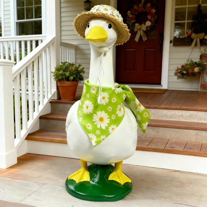Summer Porch Goose Outfit for 23" 17" Lawn Porch Goose Statue Costume Cute Daisy Bandana and Hat for Garden Patio Statue Art Decor Country Pastoral Style Green